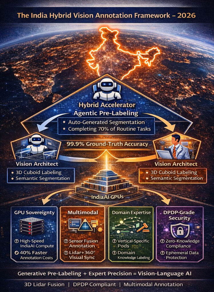 Infographic detailing India's 2026 Hybrid Intelligence model for data annotation, showing the 80/20 split between AI pre-labeling and Human Expert validation powered by 58,000+ GPUs.