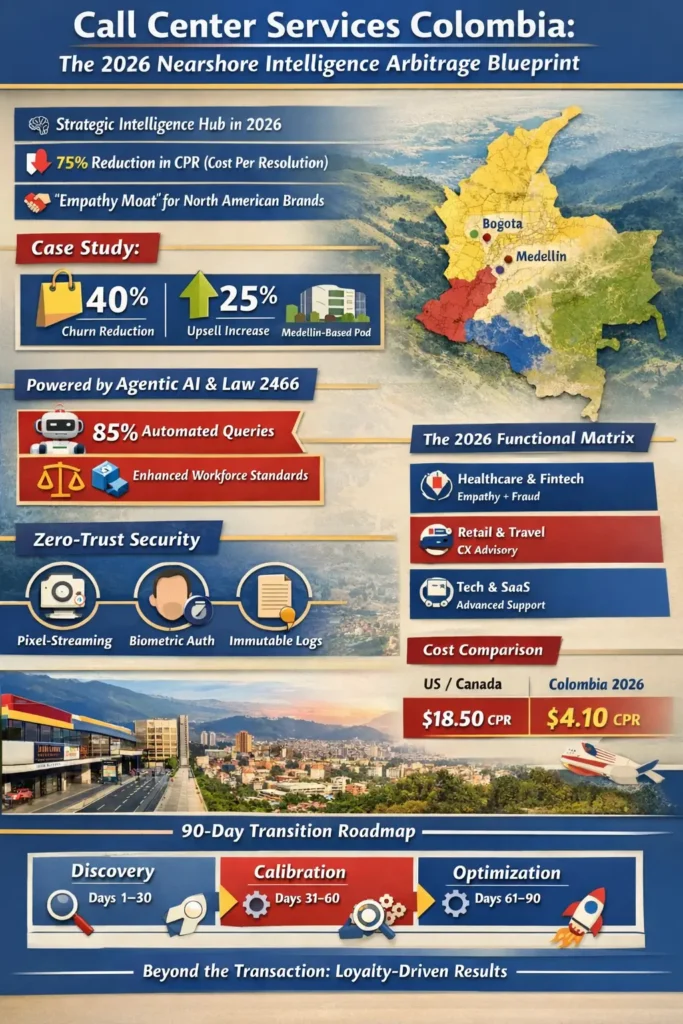 Colombia nearshore call center infographic showing 75% cost-per-resolution reduction, Agentic AI automation, Law 2466 workforce standards, and Bogotá-Medellín CX hubs for North American brands.