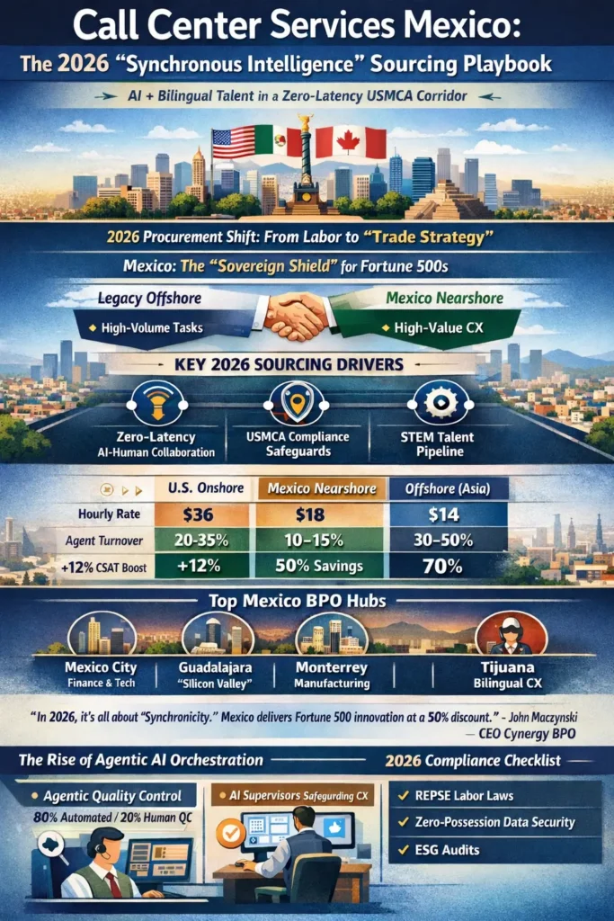 Infographic titled “Call Center Services Mexico: The 2026 ‘Synchronous Intelligence’ Sourcing Playbook” illustrating Mexico as a nearshore BPO hub for Fortune 500 CX. It highlights zero-latency AI-human collaboration, USMCA compliance advantages, bilingual STEM talent, and 50% cost savings versus US onshore. The graphic compares onshore, Mexico nearshore, and offshore costs, shows major BPO hubs (Mexico City, Guadalajara, Monterrey, Tijuana), and outlines the rise of Agentic AI orchestration with compliance requirements like REPSE labor laws and zero-possession data security.