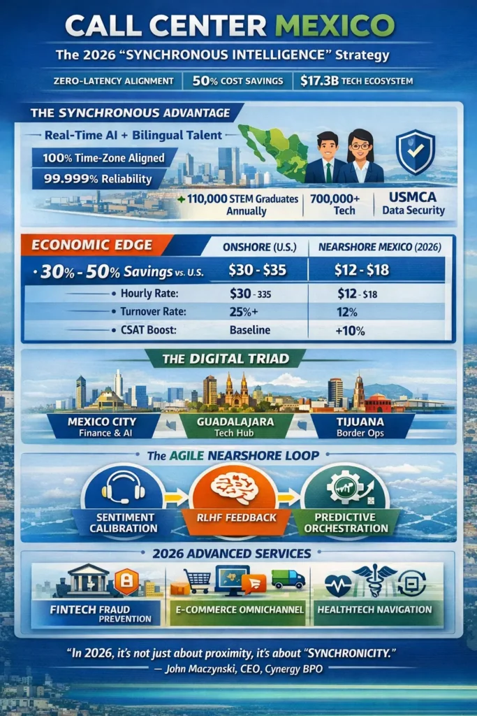Infographic showing the 2026 Call Center Mexico strategy highlighting synchronous intelligence, real-time AI and bilingual talent, 50% cost savings vs U.S. onshore, USMCA data security, and Mexico’s key BPO hubs in Mexico City, Guadalajara, and Tijuana.