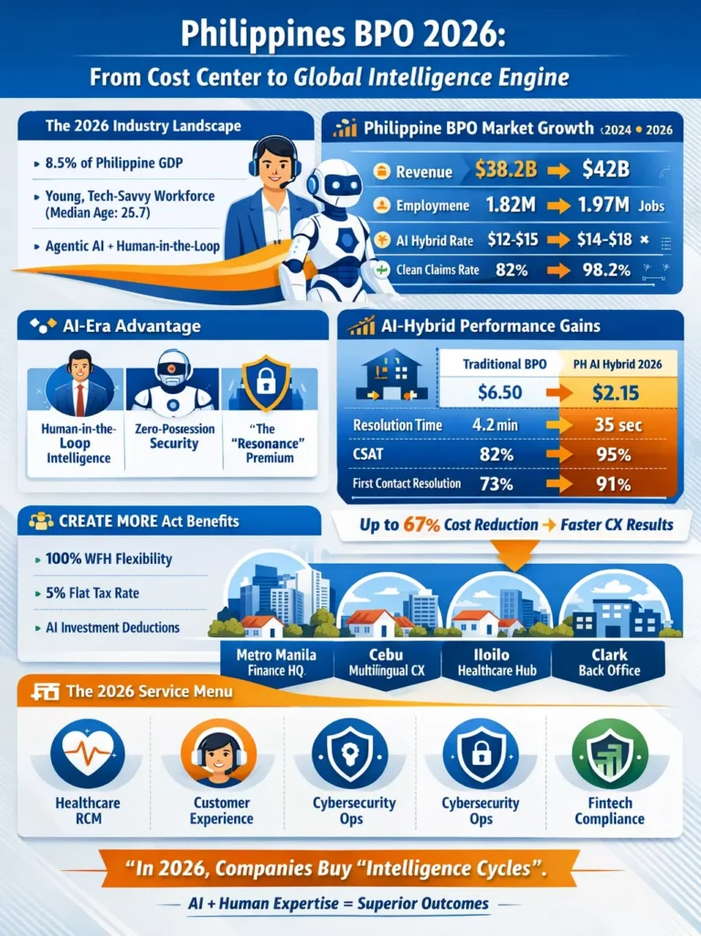 Infographic titled “Philippines BPO 2026: From Cost Center to Global Intelligence Engine,” illustrating how Philippine call centers combine Agentic AI and Human-in-the-Loop expertise. It highlights industry growth from $38.2B to $42B, workforce expansion to 1.97M employees, improved clean claim rates (82% to 98.2%), and major performance gains including lower cost per contact ($6.50 to $2.15), faster resolution times, and higher customer satisfaction. The graphic also shows AI-era advantages, CREATE MORE Act incentives, regional BPO hubs like Manila, Cebu, Iloilo, and Clark, and specialized services in healthcare RCM, customer experience, cybersecurity, and fintech compliance.