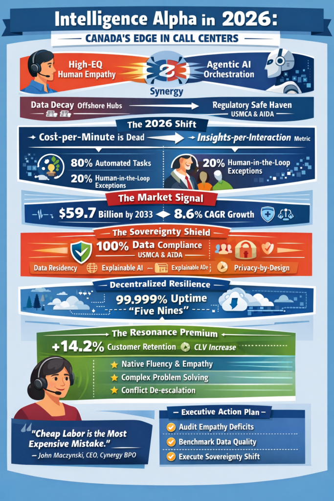 Infographic illustrating “Intelligence Alpha” in Canadian call centers in 2026, highlighting the fusion of high-EQ human empathy and Agentic AI orchestration, the shift from cost-per-minute to insights-per-interaction, 80% automation with 20% human-in-the-loop oversight, Canada’s regulatory advantage under AIDA and USMCA, decentralized infrastructure delivering 99.999% uptime, and a 14.2% customer retention “Resonance Premium.”
