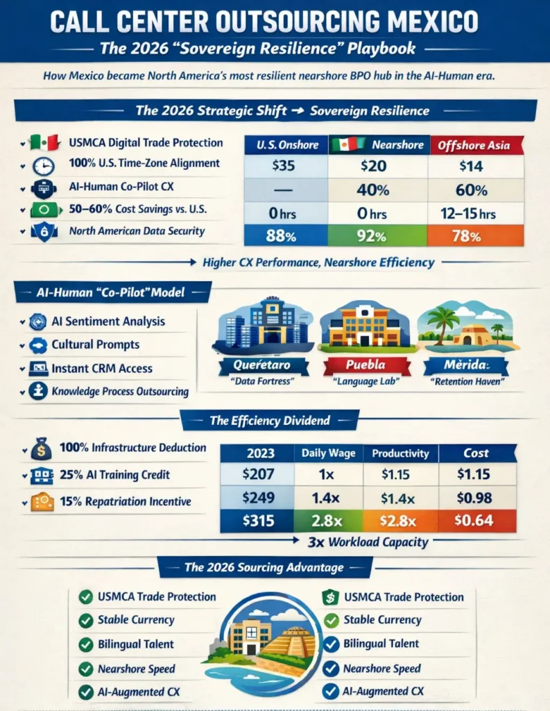 Infographic showing Mexico’s 2026 call center outsourcing strategy, highlighting USMCA trade protection, AI-human co-pilot operations, cost advantages versus U.S. onshore, emerging BPO cities, and improved productivity through AI-assisted agents.