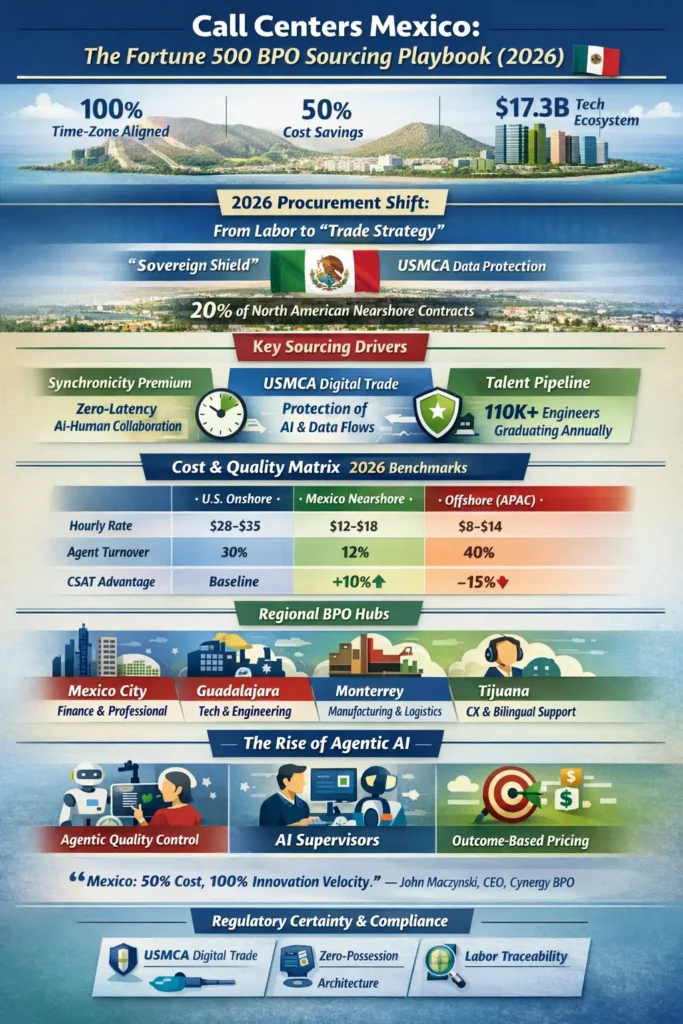 Infographic titled “Call Centers Mexico: The Fortune 500 BPO Sourcing Playbook (2026)” highlighting Mexico as North America’s synchronous intelligence hub with 100% time-zone alignment, 50% cost savings vs U.S. onshore, a $17.3B tech ecosystem, and 110K engineers graduating annually. It compares cost and quality benchmarks across U.S. onshore, Mexico nearshore, and offshore hubs, shows regional BPO clusters (Mexico City, Guadalajara, Monterrey, Tijuana), and illustrates the rise of Agentic AI with AI supervisors, agentic quality control, and outcome-based pricing.