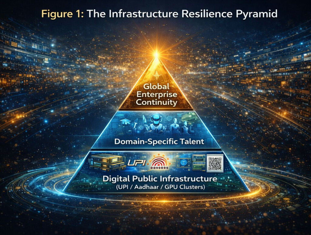 Diagram of the India Call Centers Infrastructure Resilience Pyramid showing Digital Public Infrastructure, STEM talent, and Global Continuity layers.