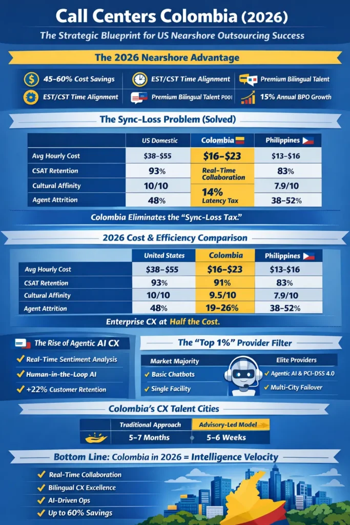 Infographic showing why Colombia is the premier nearshore call center outsourcing destination for US companies in 2026, highlighting 45–60% cost savings, EST time-zone alignment, AI-driven CX operations, and elite BPO talent in Bogotá, Medellín, and Barranquilla.