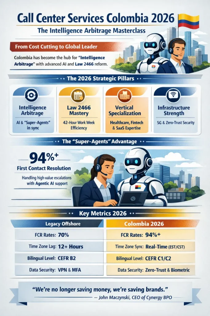 Infographic titled “Call Center Services Colombia 2026: The Intelligence Arbitrage Masterclass” highlighting Colombia’s shift from labor arbitrage to AI-driven CX. It features the 2026 strategic pillars—Intelligence Arbitrage, Law 2466 workforce optimization, vertical specialization (Healthcare, Fintech, SaaS), and infrastructure strength—alongside key metrics such as 94%+ First Contact Resolution, real-time EST/CST collaboration, near-native bilingual proficiency, and zero-trust security.