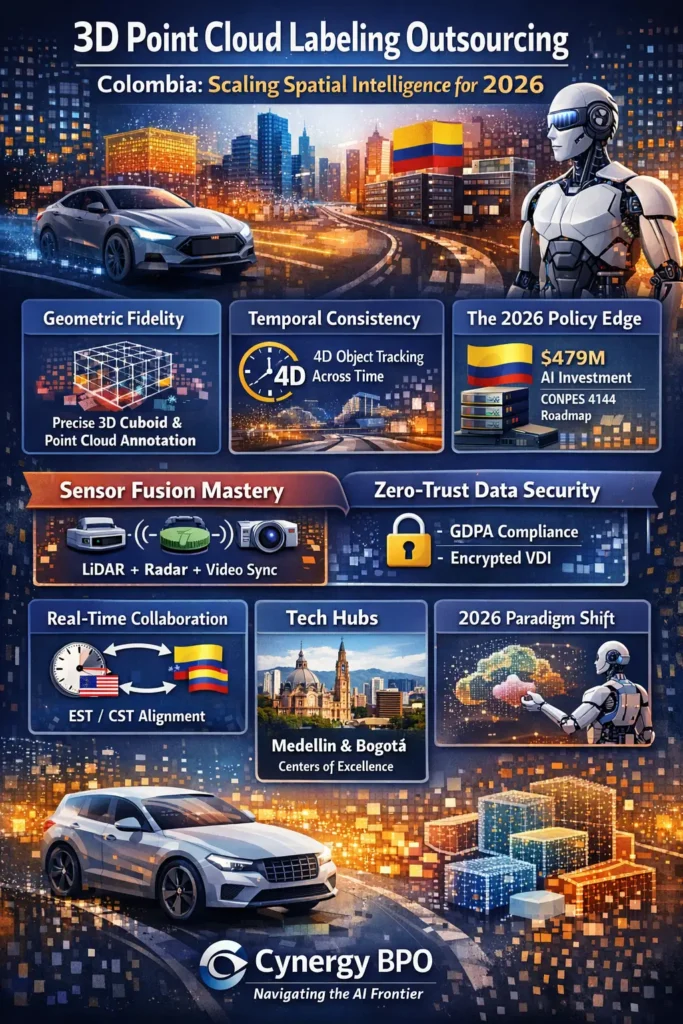 3D point cloud labeling outsourcing Colombia infographic showing volumetric accuracy, sensor fusion, 4D tracking, zero-trust security, and nearshore collaboration benefits for AI in 2026
