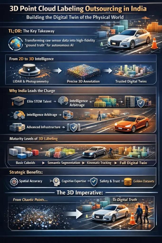 Infographic illustrating 3D point cloud labeling outsourcing in India, highlighting the transformation of LiDAR and photogrammetry data into precise 3D annotations for autonomous systems, digital twin simulations, and AI training, supported by India’s STEM talent, intelligence arbitrage model, and advanced annotation maturity levels.