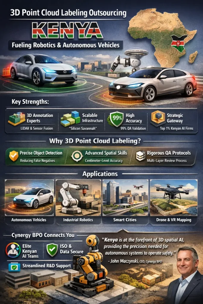 Infographic showing 3D point cloud labeling outsourcing in Kenya, highlighting LiDAR annotation techniques, 99% accuracy QA, spatial AI expertise, and applications in autonomous vehicles and robotics.