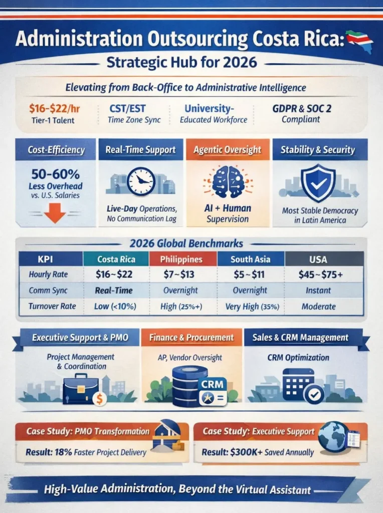 Administrative outsourcing Costa Rica infographic showing $16–$22 hourly rates, 50–60% cost savings, real-time CST support, university-educated workforce, and Agentic AI-driven administrative operations for high-value business functions.
