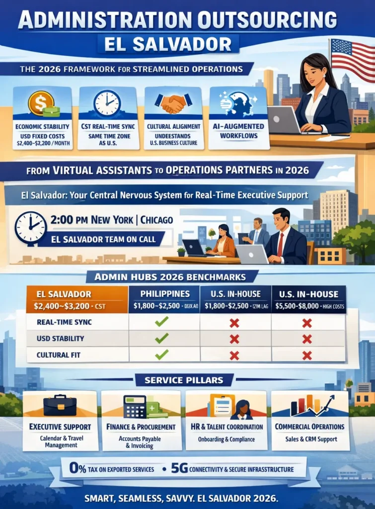 Administration outsourcing in El Salvador infographic showing 2026 nearshore model with $2,400–$3,200 monthly cost, real-time CST support, AI-augmented workflows, and service pillars including executive support, finance, HR, and commercial operations.