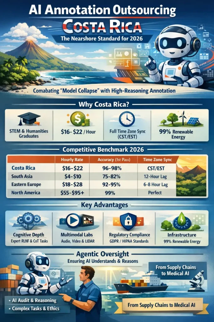 AI Annotation Outsourcing Costa Rica infographic showing $16–$22 hourly rates, 96–98% accuracy, high-reasoning RLHF tasks, multimodal annotation capabilities, and nearshore advantages like time-zone alignment and renewable infrastructure.