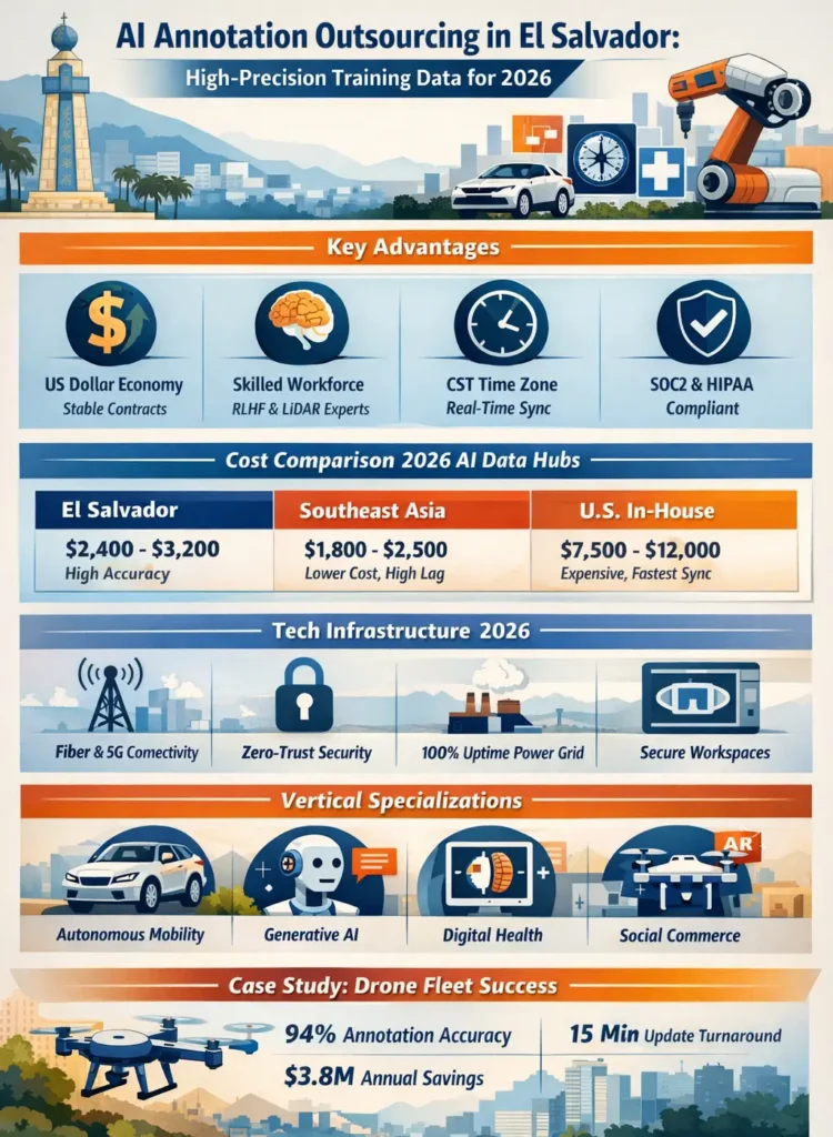 AI annotation outsourcing in El Salvador infographic highlighting nearshore HITL workflows, $2,400–$3,200 monthly costs, 92%+ annotation accuracy, CST real-time collaboration, and AI-human synergy for multimodal training data.