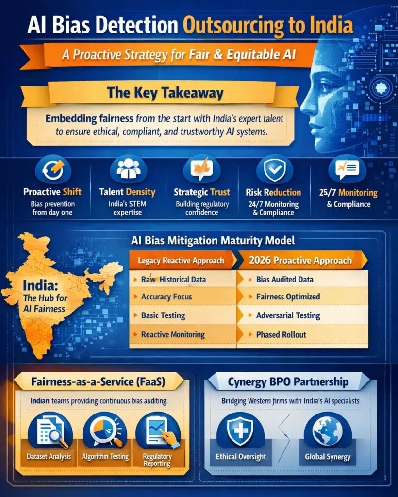 Infographic titled “AI Bias Detection Outsourcing to India: A Proactive Strategy for Fair and Equitable AI,” illustrating proactive bias mitigation, India’s STEM talent advantage, fairness-focused AI lifecycle auditing, the 2026 bias mitigation maturity model, and fairness-as-a-service partnerships enabling continuous monitoring and ethical AI governance.