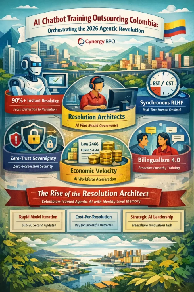 AI Chatbot Training Outsourcing Colombia infographic showing agentic AI lifecycle, resolution architects, synchronous RLHF, zero-trust security, bilingual AI training, and 90%+ instant resolution outcomes in 2026