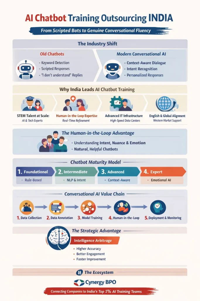 Infographic illustrating how AI chatbot training outsourcing to India enables conversational fluency through human-in-the-loop AI training, STEM talent, and advanced NLP workflows that transform scripted bots into intelligent conversational assistants.