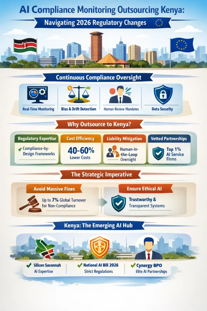 AI Compliance Monitoring Outsourcing Kenya infographic showing real-time governance, bias detection, human-in-the-loop oversight, cost savings of 40–60%, and 2026 regulatory compliance frameworks including EU AI Act and Kenya AI Bill.