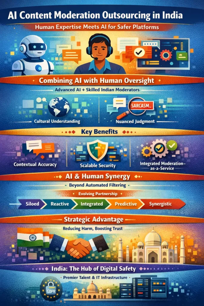 Infographic showing AI and human moderators working together in India for content moderation, highlighting cultural understanding, nuanced judgment, scalable security, AI-human synergy maturity stages, and India’s role as a global hub for digital safety.