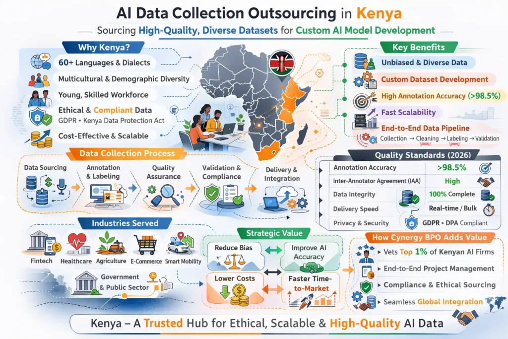 Infographic titled “AI Data Collection Outsourcing in Kenya” showing key advantages such as 60+ languages, diverse demographics, skilled AI workforce, and ethical compliance (GDPR/DPA). It illustrates the data lifecycle from collection and annotation to quality validation and deployment, highlights benefits like bias-free AI and faster time-to-market, and includes 2026 enterprise metrics (98.5%+ accuracy, real-time delivery). It also shows industries served (fintech, healthcare, agriculture, smart cities) and Cynergy BPO’s role in vetting top Kenyan AI providers.