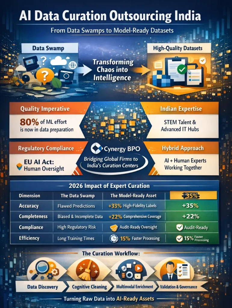 Infographic showing AI data curation outsourcing in India, highlighting the transformation from unstructured data swamps to model-ready datasets using data discovery, cognitive cleaning, multimodal enrichment, and validation workflows that improve AI accuracy, compliance, and efficiency.