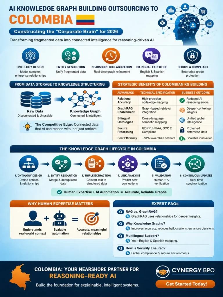 AI Knowledge Graph Building Outsourcing Colombia infographic showing ontology design, entity resolution, GraphRAG workflows, bilingual data mapping, and secure nearshore collaboration transforming raw data into intelligent, connected knowledge graphs for 2026 AI systems.
