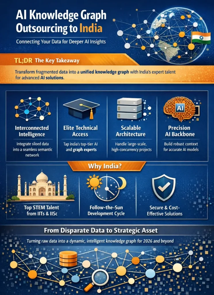Infographic showing how AI knowledge graph outsourcing to India connects fragmented enterprise data into a unified semantic network, highlighting benefits such as elite STEM talent, scalable architecture, precision AI context layers, and follow-the-sun development cycles for faster AI innovation.