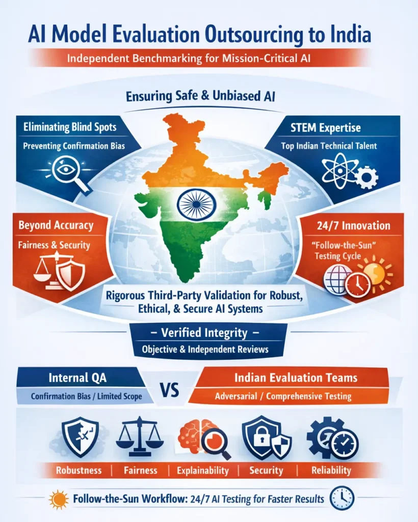 Infographic showing AI model evaluation outsourcing to India, emphasizing independent third-party validation, elimination of developer bias, specialized STEM expertise, follow-the-sun testing cycles, and key AI trust pillars including robustness, fairness, explainability, security, and reliability.