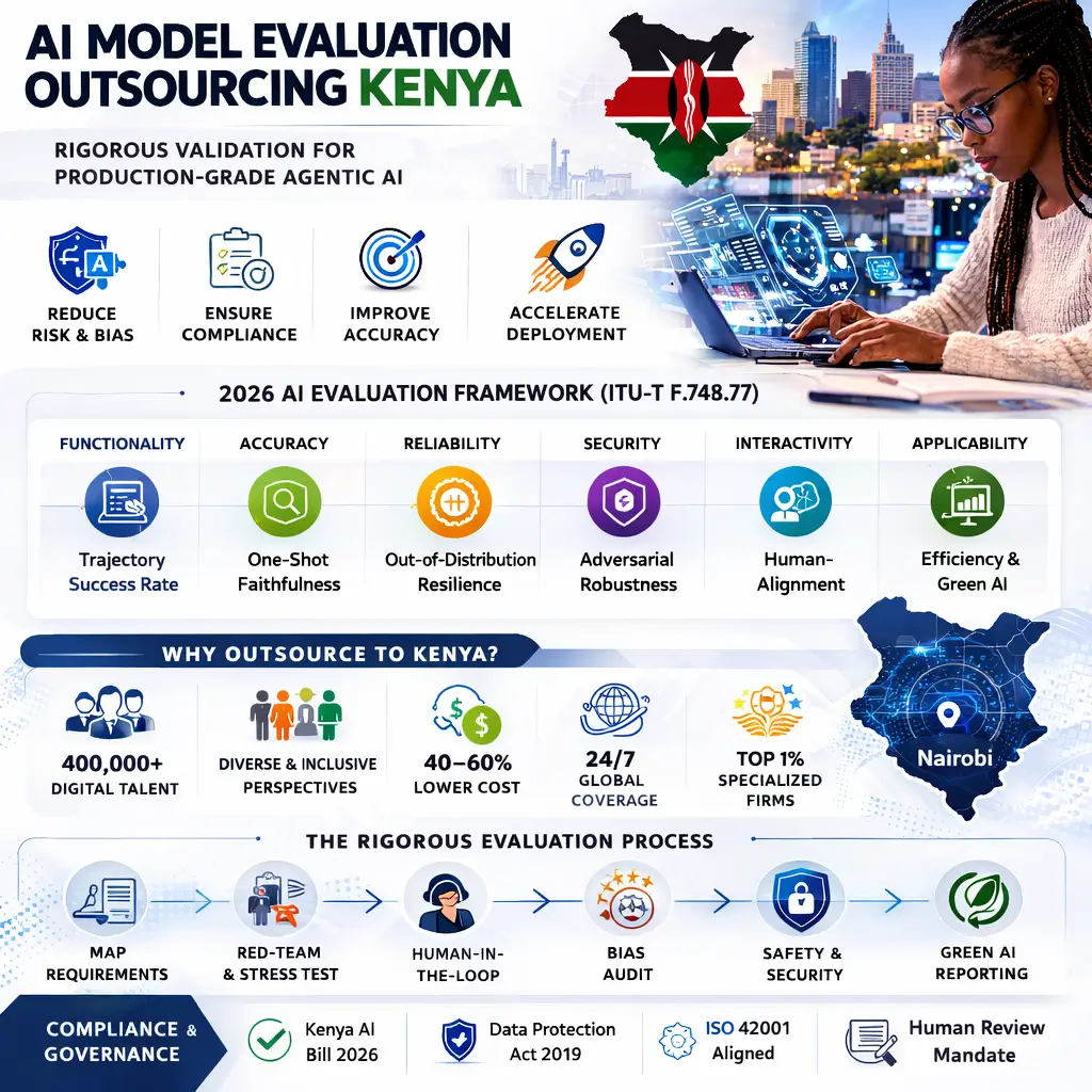 AI model evaluation outsourcing Kenya infographic showing 2026 framework, bias detection, human-in-the-loop validation, compliance standards, and cost advantages.