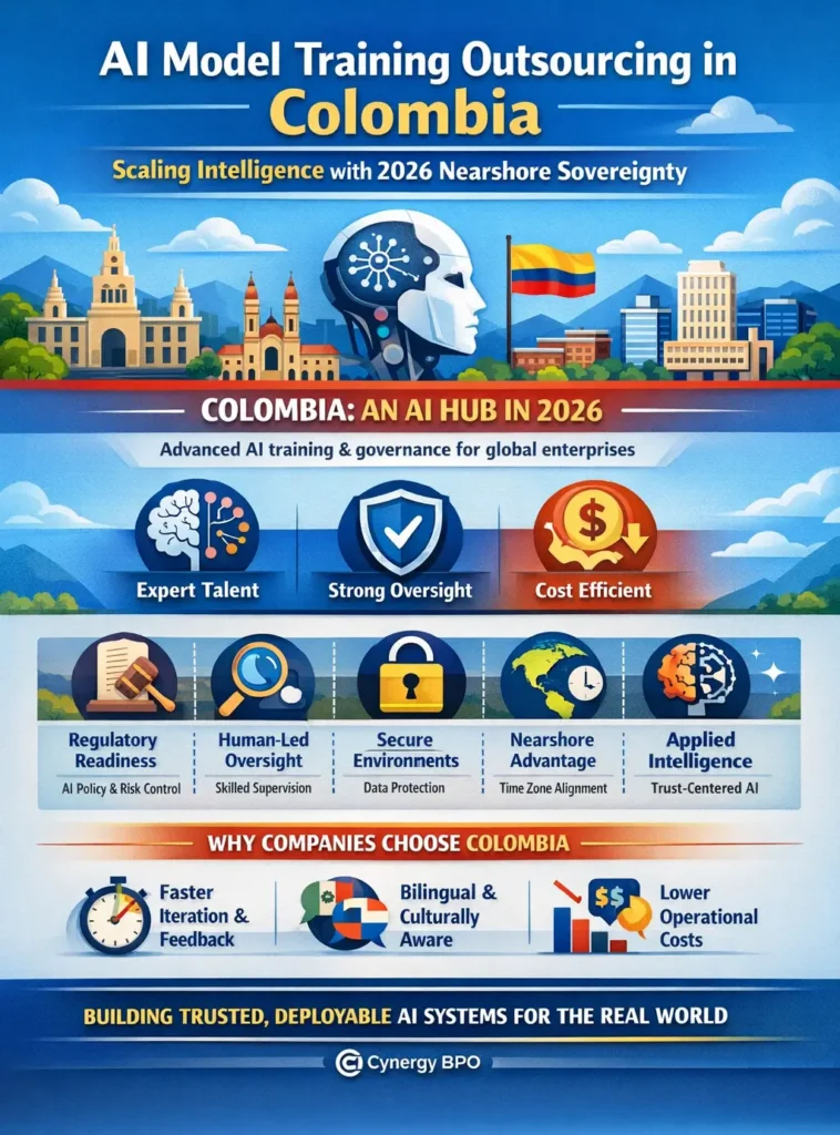 AI Model Training Outsourcing in Colombia infographic highlighting 2026 nearshore advantages including expert talent, human oversight, regulatory readiness, secure AI environments, bilingual capabilities, and cost-efficient AI development.