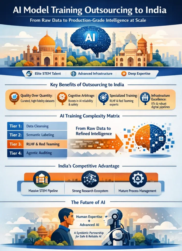 Infographic illustrating AI model training outsourcing to India, highlighting key advantages such as elite STEM talent, advanced infrastructure, RLHF and red teaming expertise, a four-tier training complexity matrix (data cleansing, semantic labeling, RLHF, and agentic auditing), and the transformation of raw data into reliable AI intelligence through human-AI collaboration.