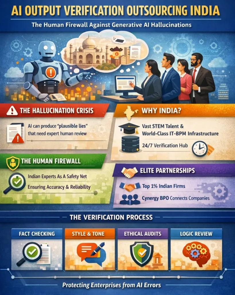 Infographic showing AI output verification outsourcing in India, highlighting human-in-the-loop validation, hallucination risk mitigation, expert reviewers, 24/7 monitoring, and the AI verification maturity model for enterprise generative AI safety.