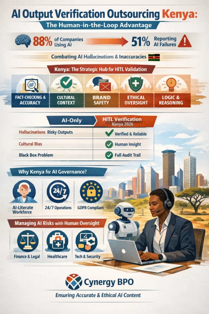 nfographic showing AI Output Verification Outsourcing in Kenya using Human-in-the-Loop (HITL) processes to reduce AI hallucinations, improve accuracy, ensure brand safety, and provide ethical oversight with a skilled AI-literate workforce.