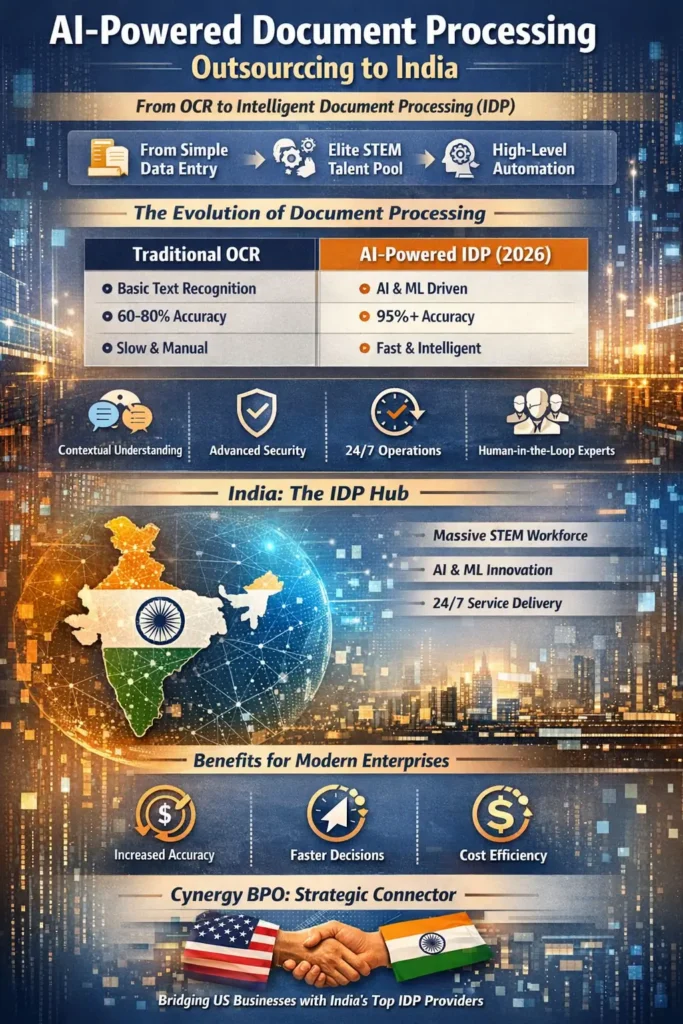 Infographic showing the evolution from OCR to AI-powered Intelligent Document Processing (IDP) in India, highlighting STEM talent, cognitive arbitrage, human-in-the-loop validation, and improved accuracy and processing speed for enterprise document automation.
