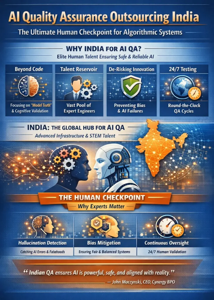 Infographic illustrating AI Quality Assurance outsourcing in India, highlighting human-in-the-loop validation, STEM expertise, AI governance maturity levels, bias detection, adversarial testing, and continuous monitoring to ensure safe and reliable algorithmic systems.