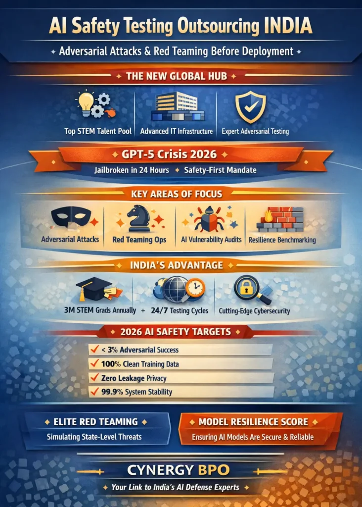 Infographic titled “AI Safety Testing Outsourcing India” showing India as the global center for AI red teaming and adversarial testing, featuring key elements such as GPT-5 jailbreak risks, adversarial attack simulations, red team operations, AI vulnerability audits, resilience benchmarks, 3 million annual STEM graduates, 24/7 testing cycles, and 2026 safety targets including <3% adversarial success, zero data leakage, and 99.9% system stability.