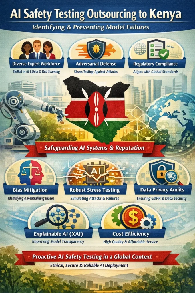 Infographic titled “AI Safety Testing Outsourcing to Kenya” showing a central map of Kenya with a tech-themed background. Surrounding icons highlight key benefits including diverse expert workforce, adversarial defense, regulatory compliance, bias mitigation, stress testing, data privacy audits, explainable AI, and cost efficiency. The visual emphasizes safeguarding AI systems and ensuring ethical, secure, and reliable deployment.