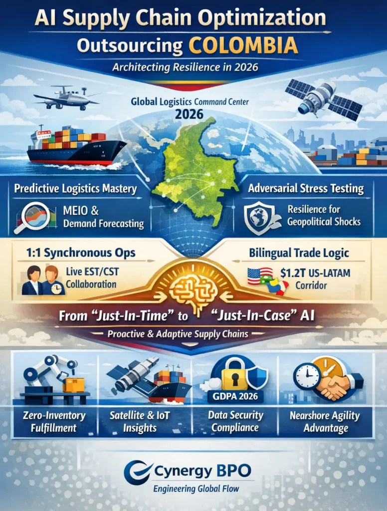 AI Supply Chain Optimization Outsourcing Colombia infographic showing 2026 global logistics command center, predictive logistics, adversarial stress testing, bilingual trade operations, nearshore collaboration, and AI-driven supply chain resilience.