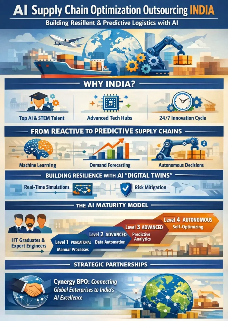 Infographic illustrating AI supply chain optimization outsourcing in India, highlighting predictive logistics, machine learning demand forecasting, digital twin simulations, AI maturity stages, and India’s STEM talent driving resilient and autonomous supply chains.