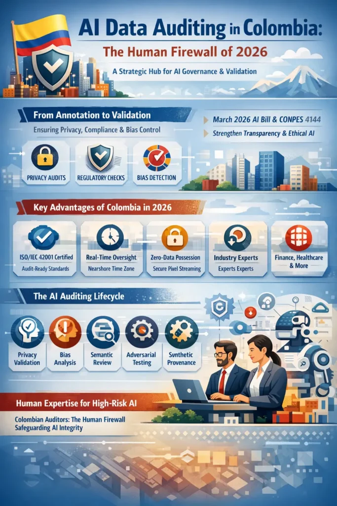 AI Training Data Auditing Outsourcing Colombia infographic showing 2026 governance framework, including privacy audits, bias detection, ISO/IEC 42001 compliance, real-time nearshore oversight, zero-possession security, and the AI auditing lifecycle from validation to drift monitoring.