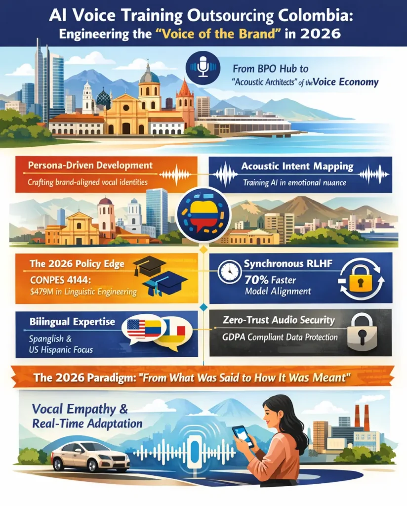 AI Voice Assistant Training Outsourcing Colombia infographic showing persona-driven voice development, acoustic intent mapping, bilingual training, real-time RLHF, zero-trust audio security, and Colombia’s role in engineering emotionally intelligent AI voices for the 2026 voice economy.