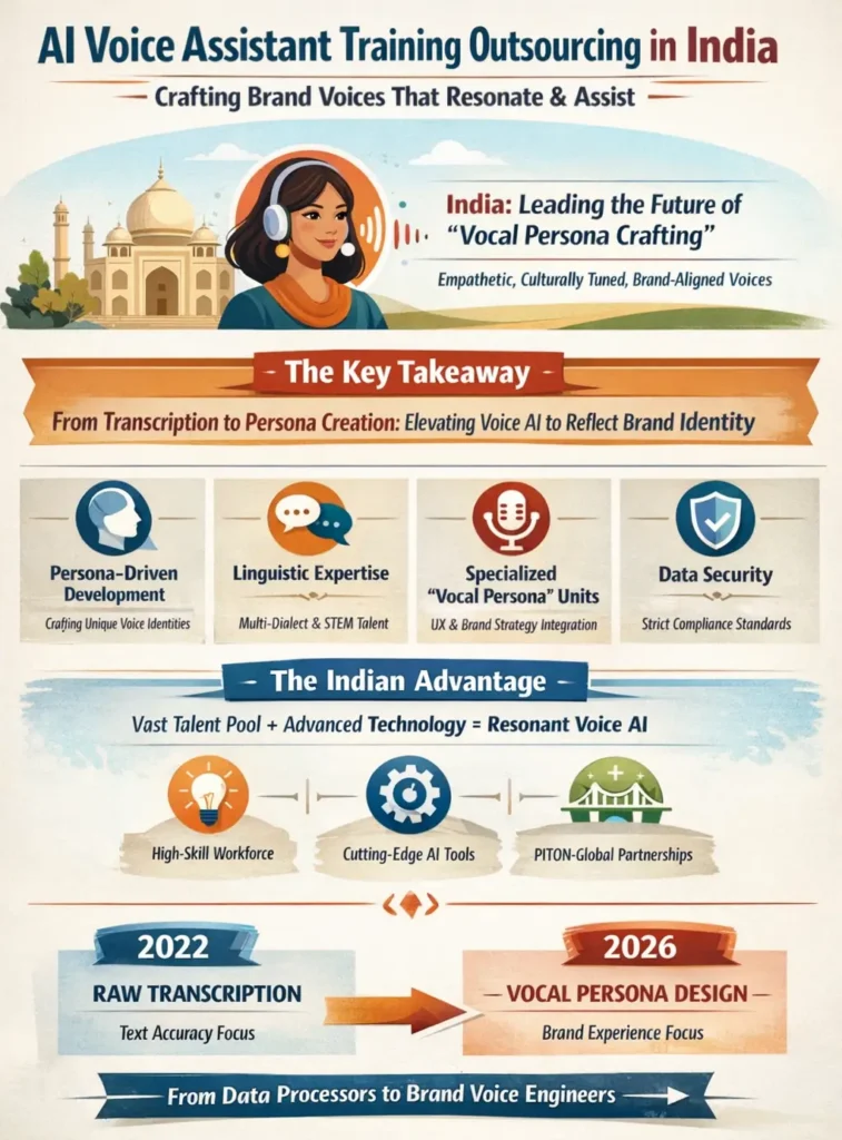 Infographic showing the evolution of AI voice assistant training outsourcing in India—from transcription-focused data processing to persona-driven voice AI development—highlighting linguistic expertise, vocal persona units, data security, and India’s STEM talent advantage.