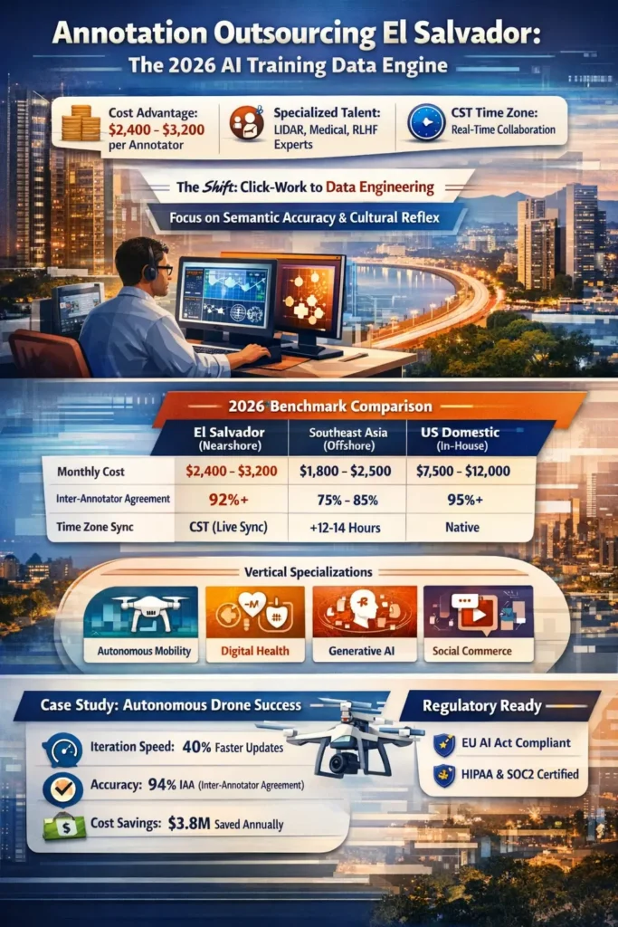 AI data annotation outsourcing infographic highlighting El Salvador’s 2026 advantage, including $2,400–$3,200 monthly cost, 92%+ accuracy, real-time CST collaboration, and AI-human HITL workflows for multimodal training data.