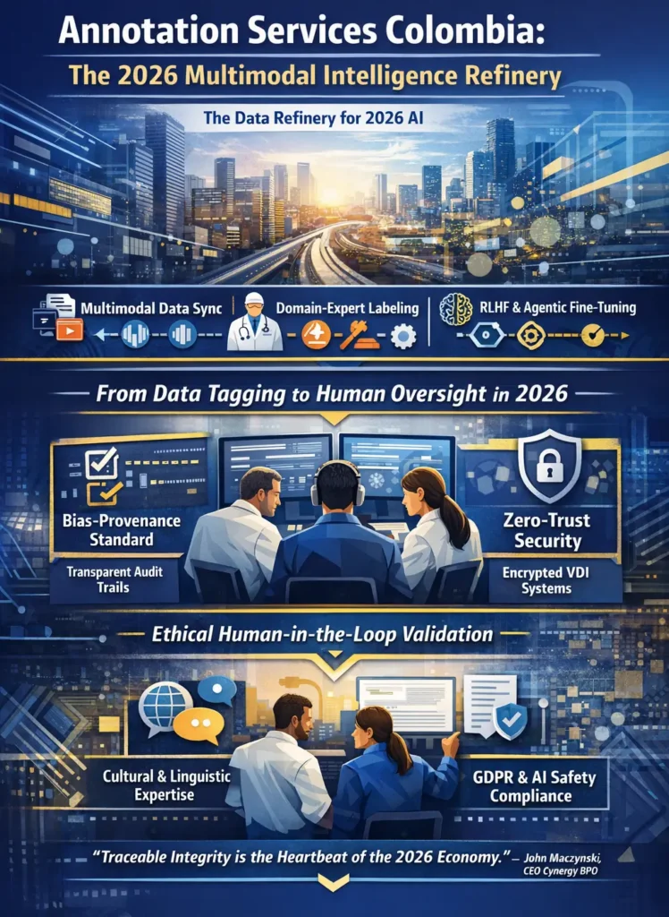 Multimodal annotation services in Colombia infographic showing data synchronization across text, audio, and video, expert human-in-the-loop labeling, RLHF fine-tuning, bias-provenance audit trails, and zero-trust security frameworks for 2026 AI systems.