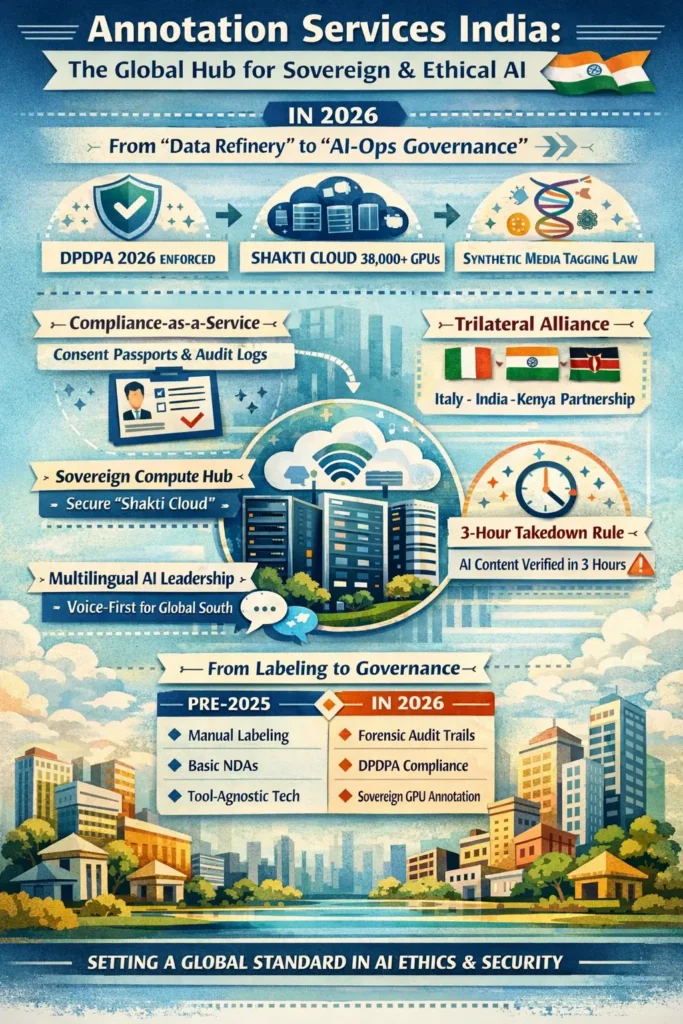 Infographic showing India’s rise as the global hub for AI-Ops governance in 2026, highlighting DPDPA compliance, Shakti Cloud GPU infrastructure, synthetic media tagging laws, multilingual AI leadership, and the shift from traditional labeling to sovereign, audit-ready annotation services.
