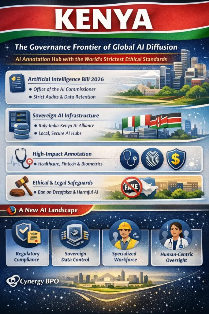 Infographic showing Kenya as a global AI governance hub in 2026, highlighting the Artificial Intelligence Bill 2026, sovereign AI infrastructure via the Italy-India-Kenya Alliance, high-impact annotation in healthcare and fintech, strict ethical safeguards against deepfakes, and a human-centric, compliance-driven AI ecosystem.