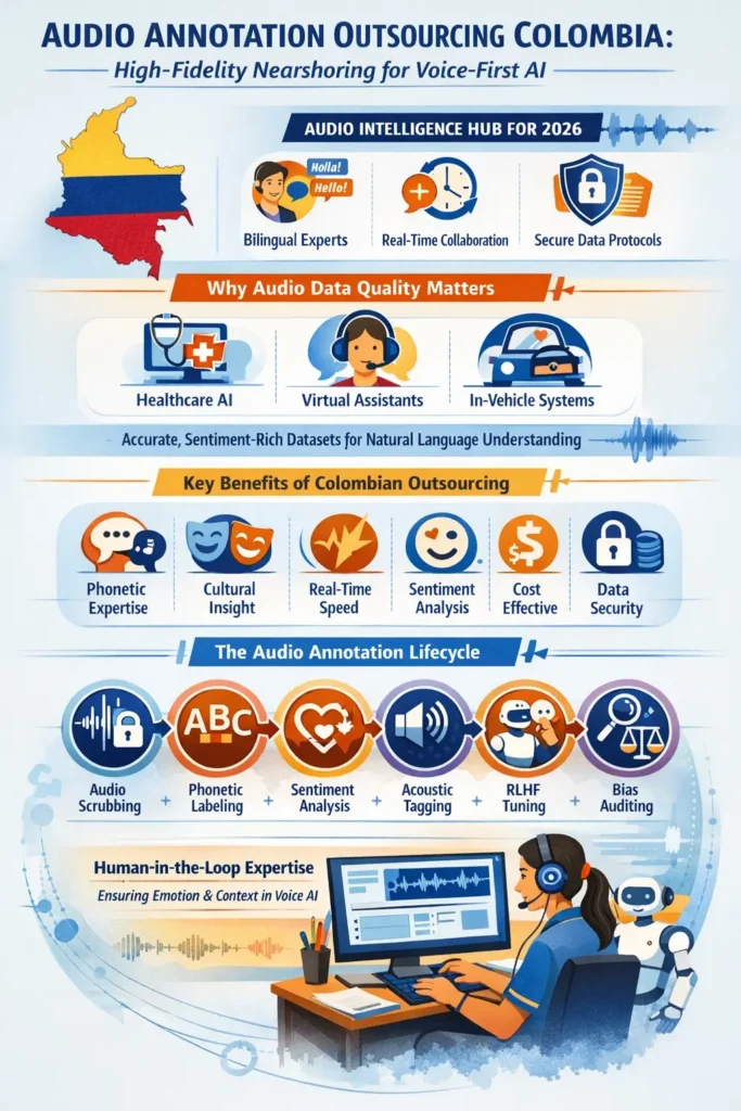 Infographic showing Audio Annotation Outsourcing in Colombia for voice AI, highlighting bilingual expertise, real-time collaboration, data security, phonetic labeling, sentiment analysis, RLHF tuning, and the full audio annotation lifecycle.
