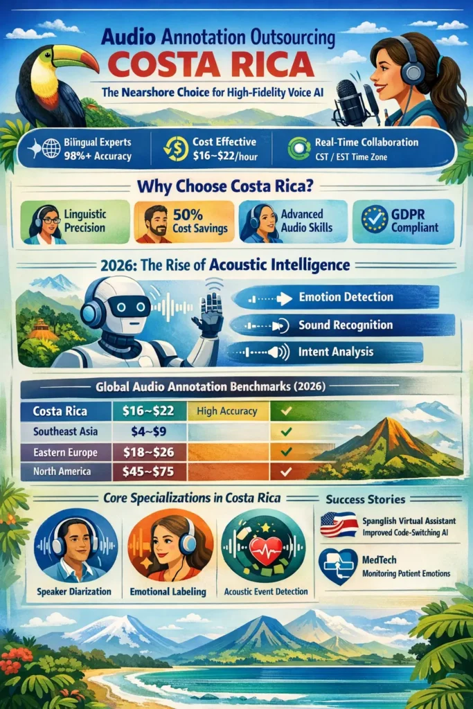 Infographic summarizing audio annotation outsourcing in Costa Rica, highlighting $16–$22 hourly rates, 98% accuracy, bilingual talent, acoustic intelligence capabilities, and nearshore advantages for voice AI development.
