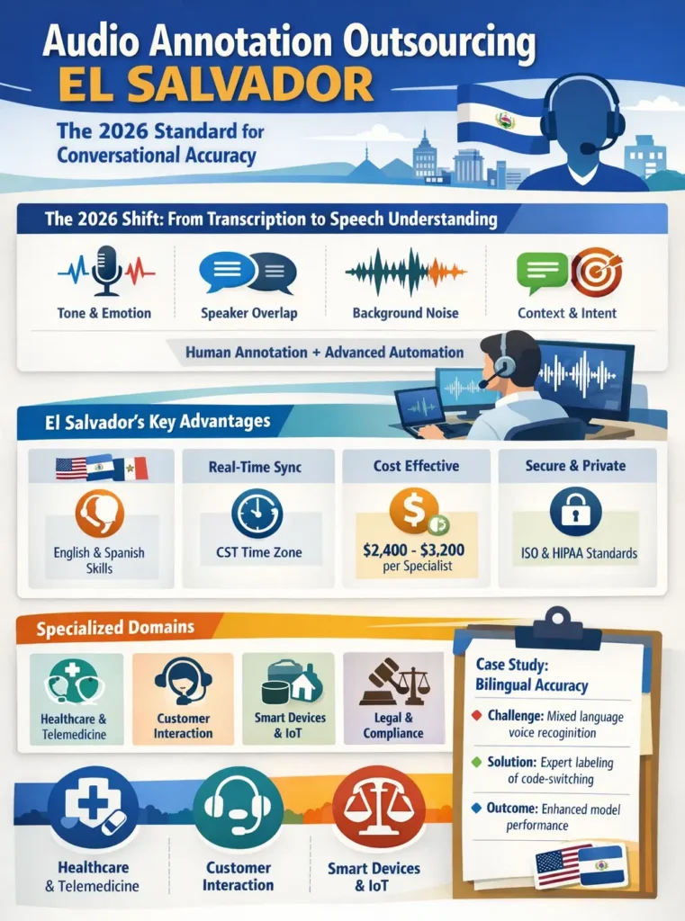 Audio annotation outsourcing in El Salvador infographic showing 2026 shift to speech understanding, including tone, speaker overlap, intent detection, bilingual capabilities, cost range ($2,400–$3,200), real-time CST collaboration, and specialized domains like healthcare, customer interaction, IoT, and legal compliance.