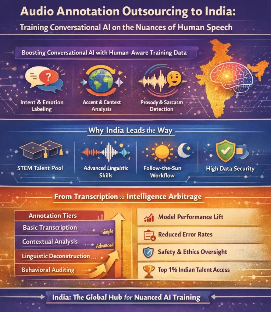 Infographic showing audio annotation outsourcing to India for conversational AI training, highlighting intent and emotion labeling, accent and context analysis, prosody detection, STEM talent advantages, follow-the-sun workflows, data security, and a four-tier annotation model from transcription to behavioral AI auditing that improves model performance and safety.